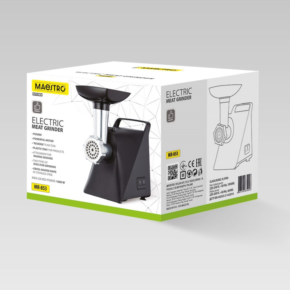 Opakowanie czarnej maszynki do mielenia mięsa Maestro, model MR-853, z cechami produktu.