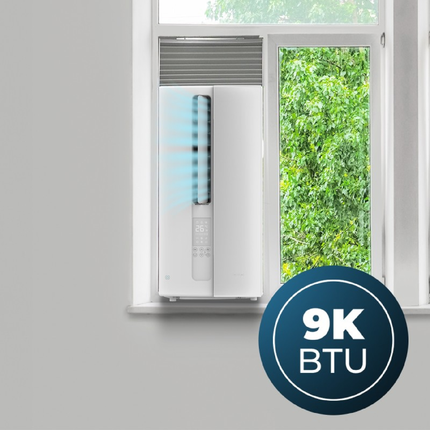 Un aire acondicionado de ventana blanco con flujo de aire azul y un ícono de 9K BTU.