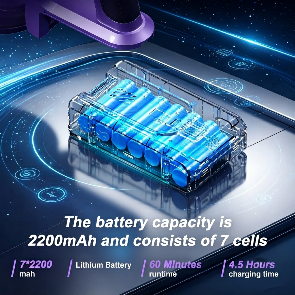 Transparante batterij met blauwe cellen, 2200 mAh capaciteit, 7 cellen.