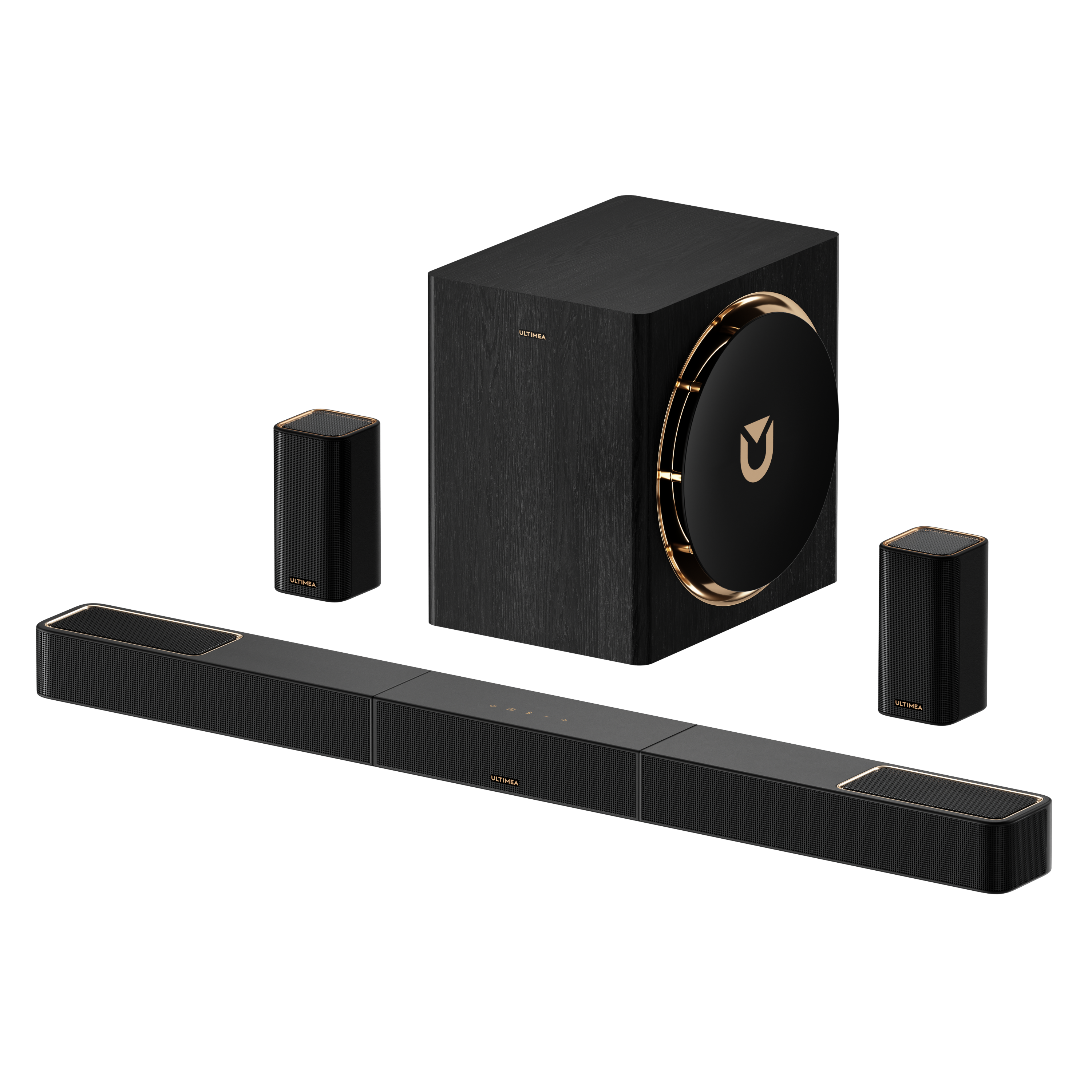 Schwarzes Soundsystem mit Subwoofer, Soundbar und zwei Satellitenlautsprechern.