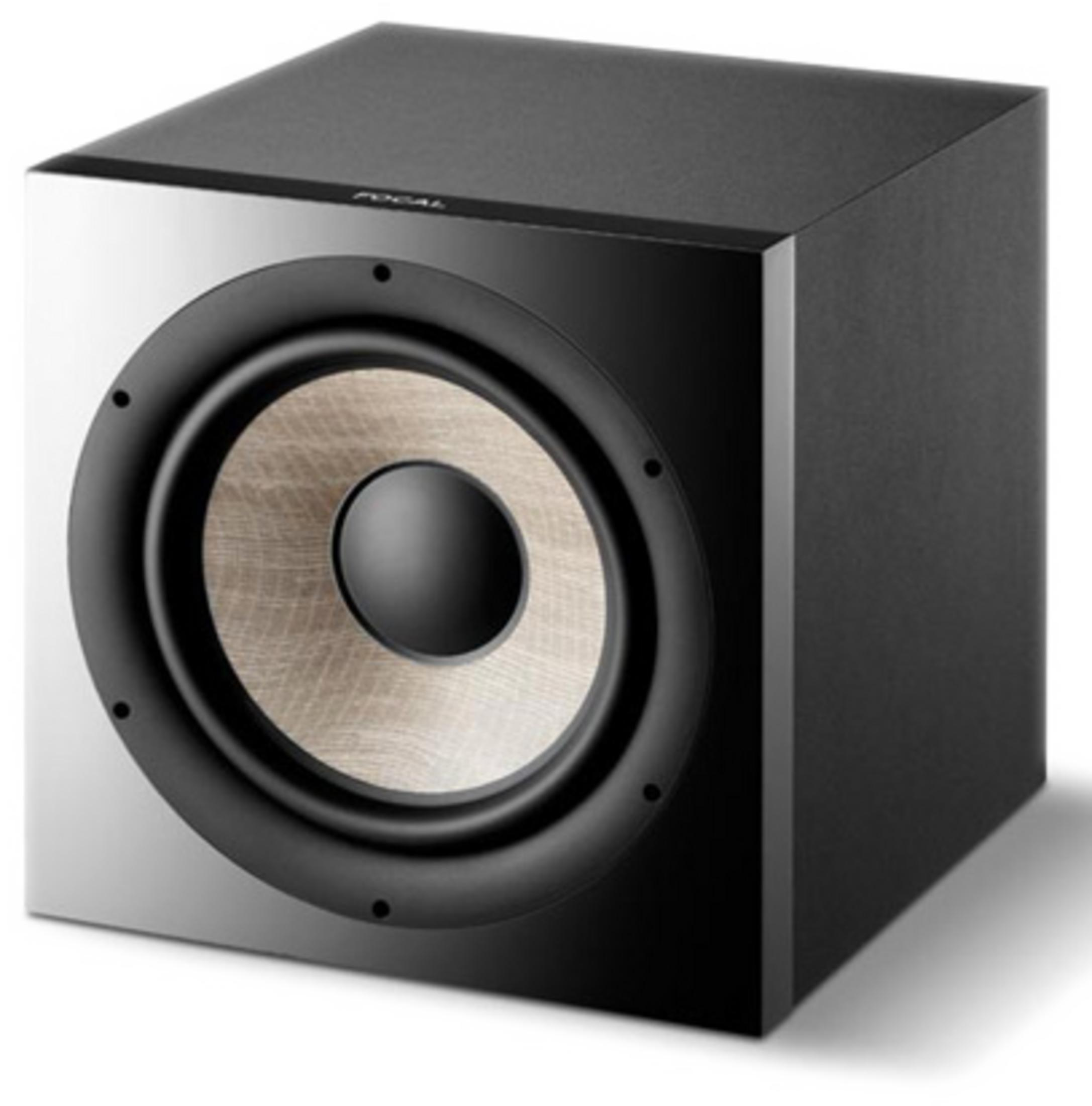 Gümüş ön ve açık renkli hoparlör konisine sahip siyah subwoofer.
