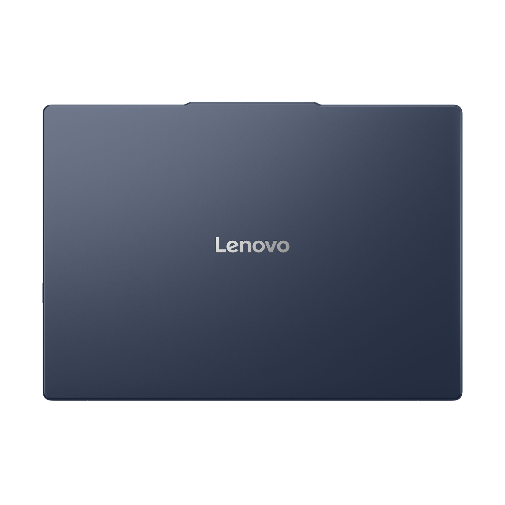 Kapalı, koyu mavi Lenovo dizüstü bilgisayarın üzerinde gümüş rengi logo.