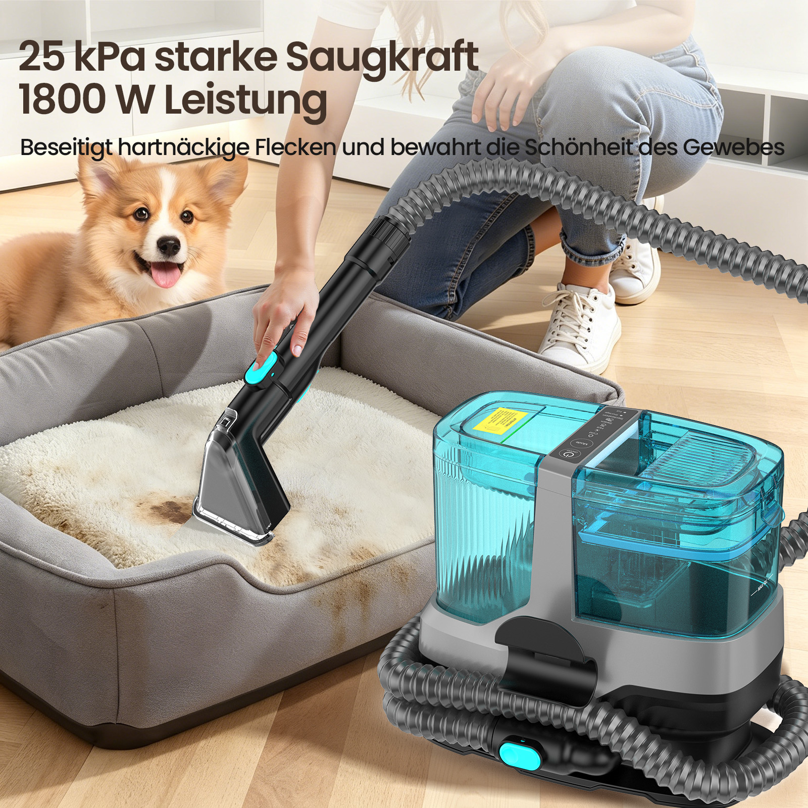 Ein Hund schaut zu, wie ein Gerät einen schmutzigen Hundebett reinigt.
