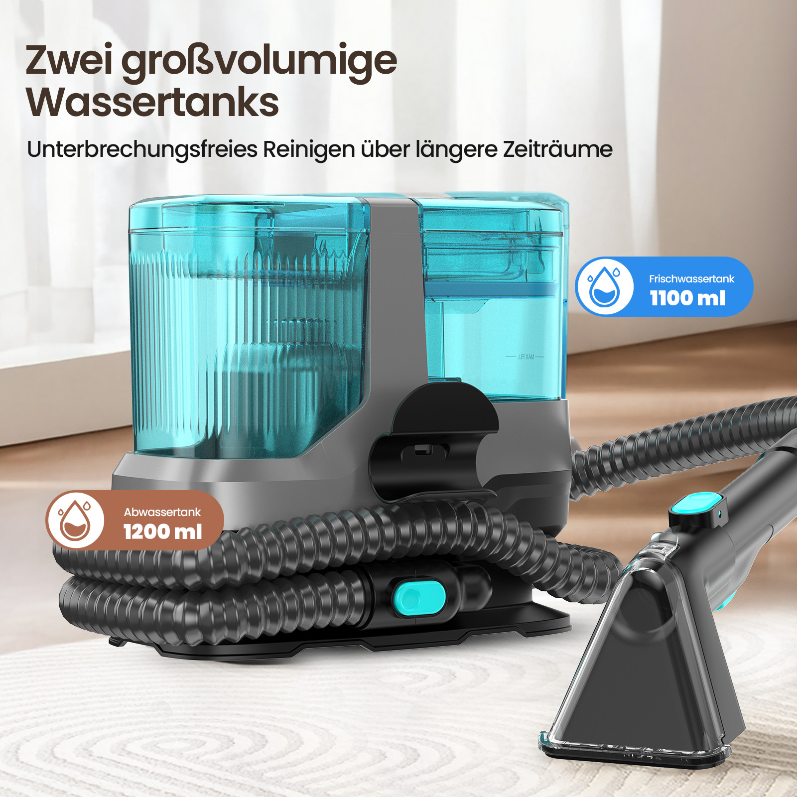 Ein Reinigungsgerät mit zwei Tanks: 1100ml Frischwasser, 1200ml Abwasser.