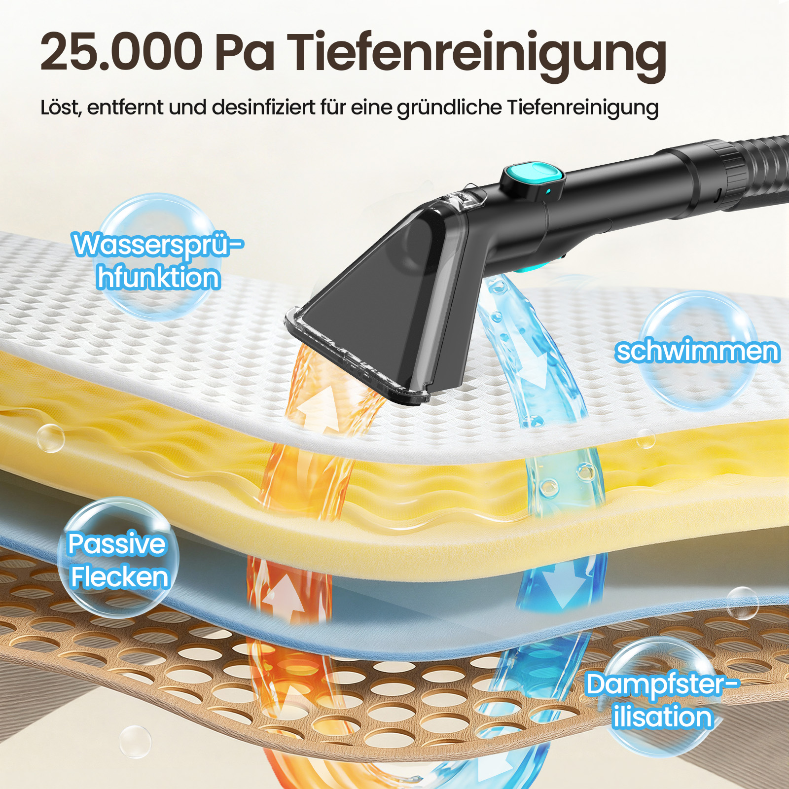 Ein Reinigungsgerät mit Wassersprühfunktion und Dampf für Tiefenreinigung.