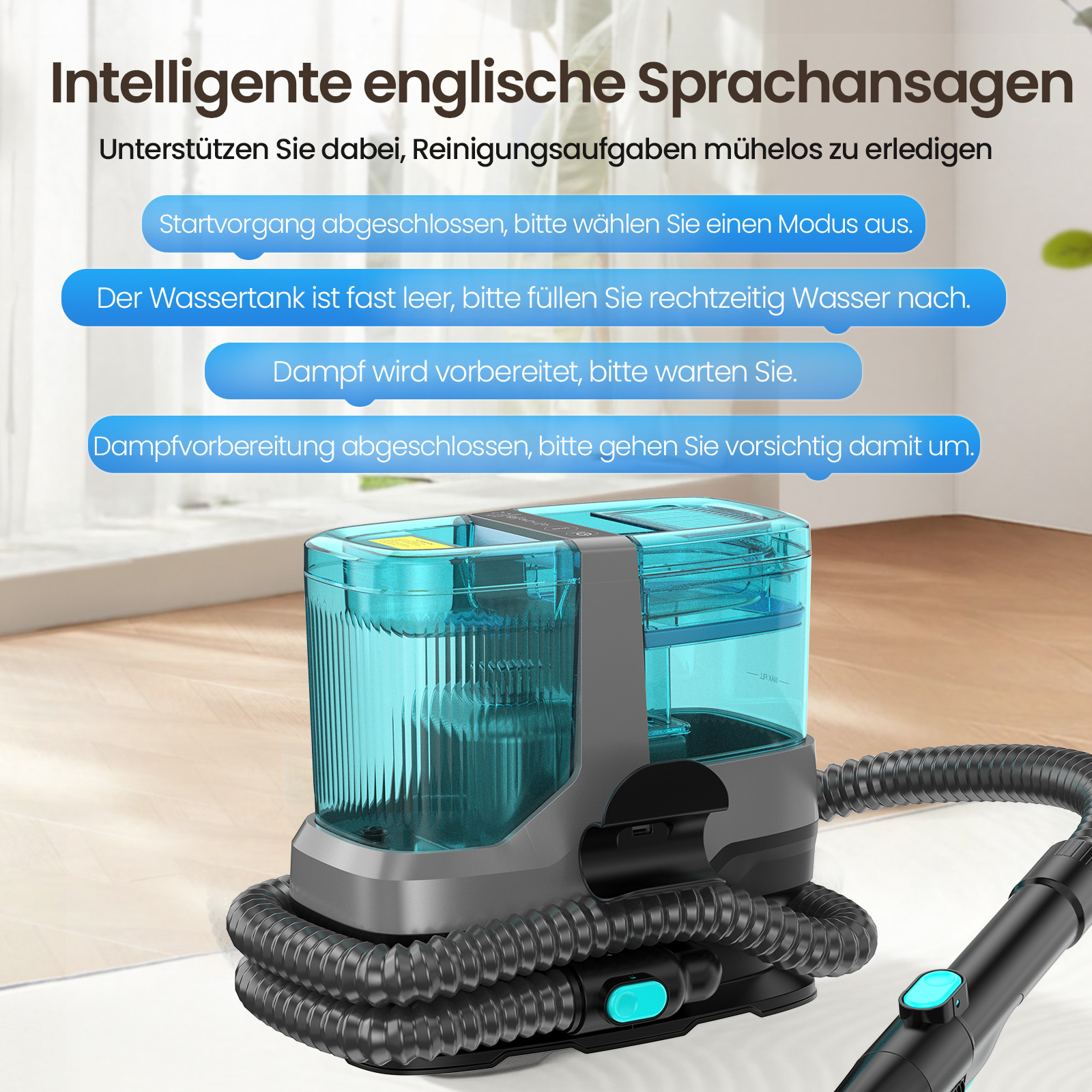 Ein Dampfreiniger mit blauem Wassertank und schwarzem Schlauch.