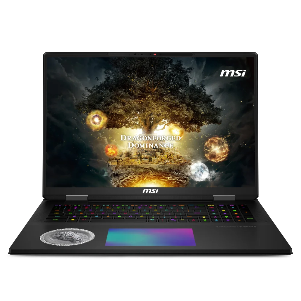 Fantezi duvar kağıdı gösteren açık siyah MSI dizüstü bilgisayar.