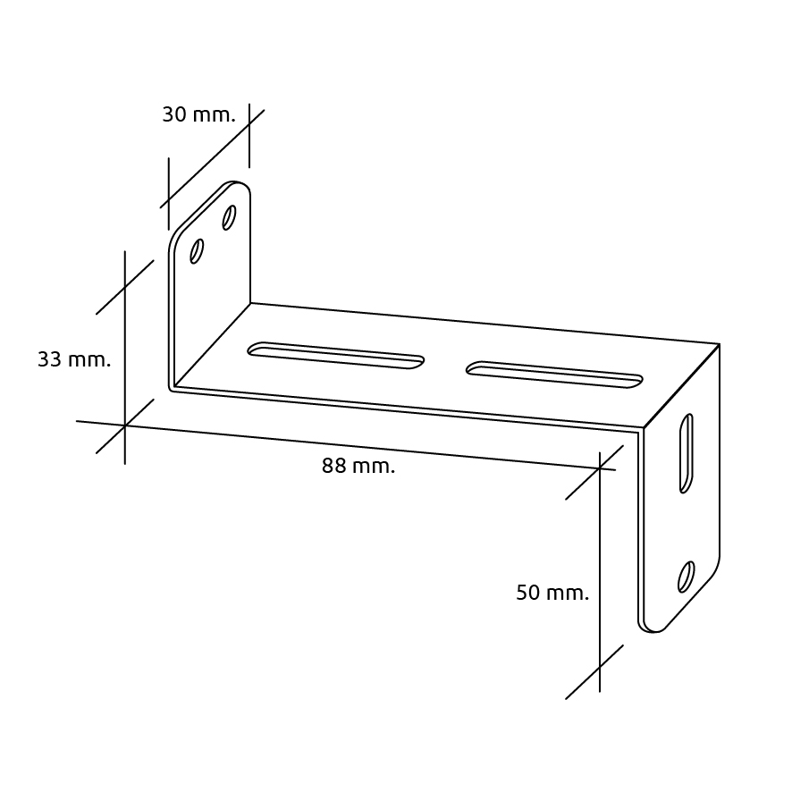 Un soporte metálico en forma de L con dimensiones: 88 mm de largo, 30 mm de alto, 33 mm de profundidad, 50 mm de alto.