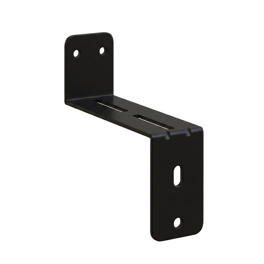 Un soporte metálico negro en forma de L con varias ranuras y agujeros.