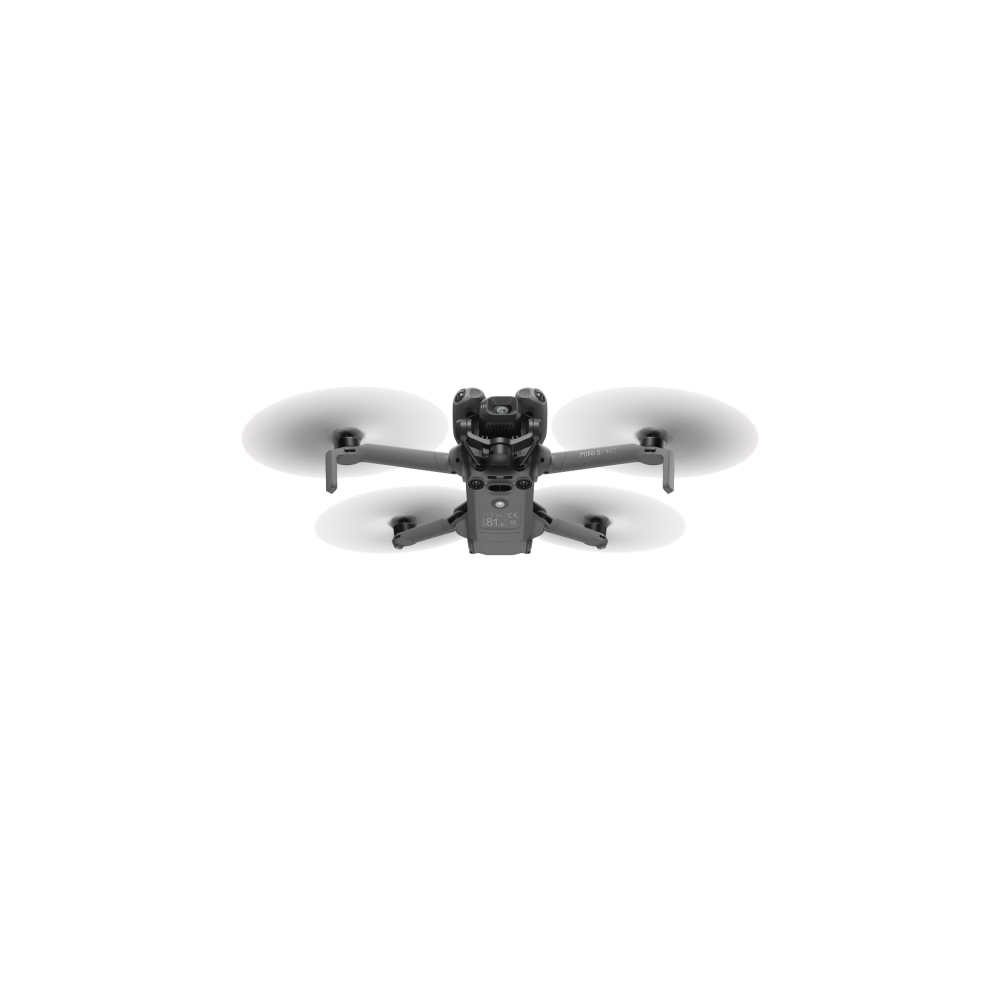 Un drone nero DJI Mini 3 Pro con quattro eliche, isolato su sfondo bianco.