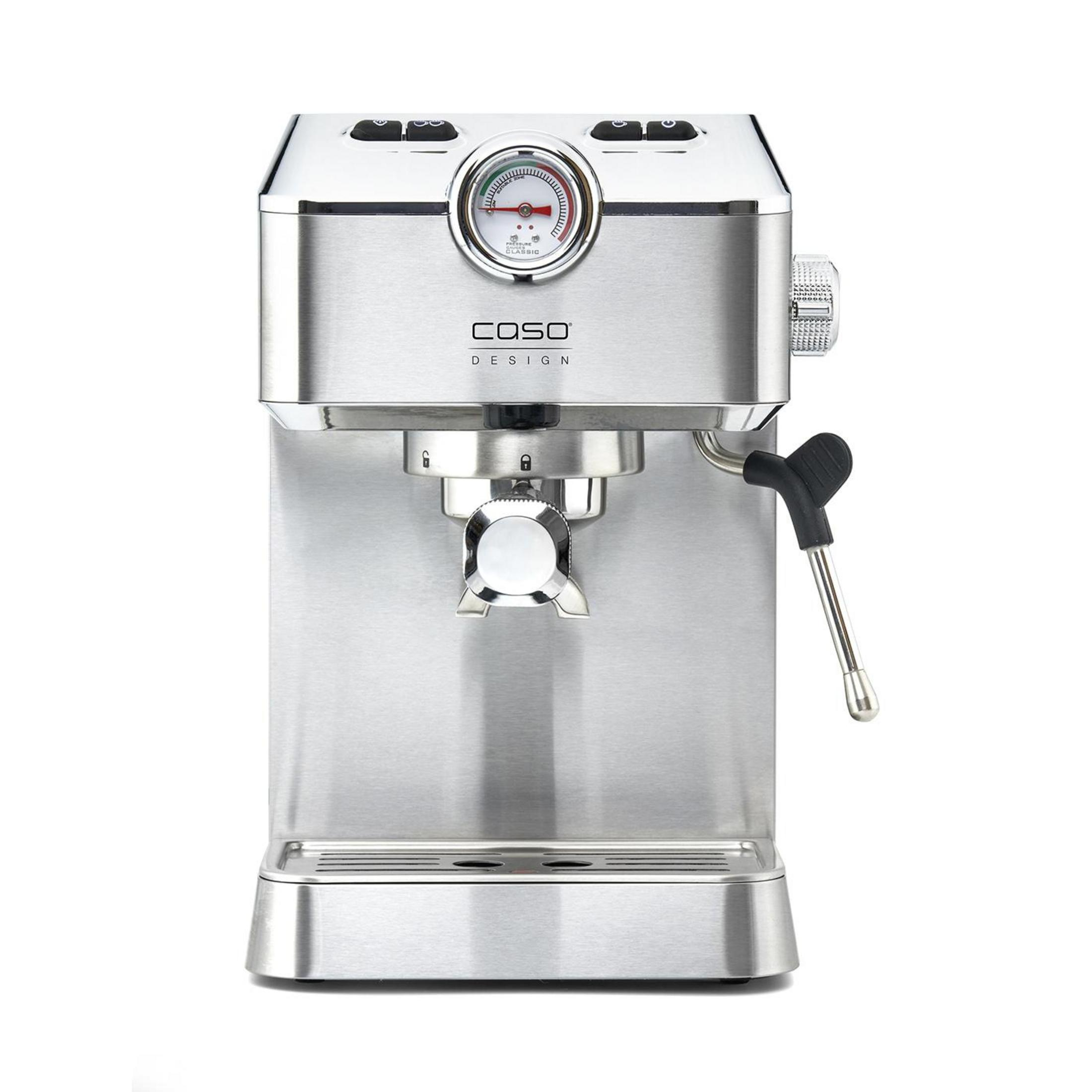 Silberne Espressomaschine mit Druckanzeige und Bedienknöpfen.