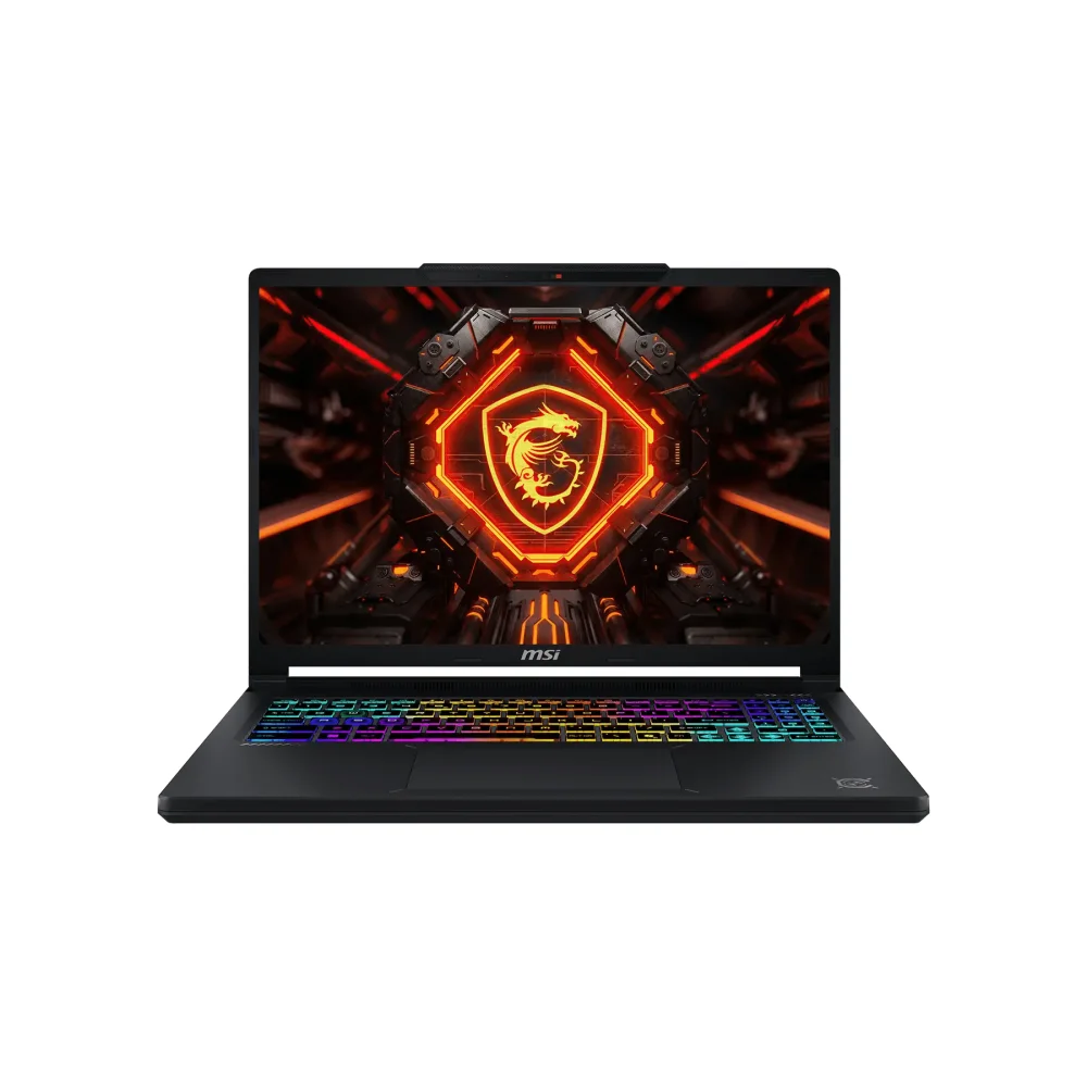 Ekranında ejderha logosu ve RGB klavyeli siyah MSI dizüstü bilgisayar.