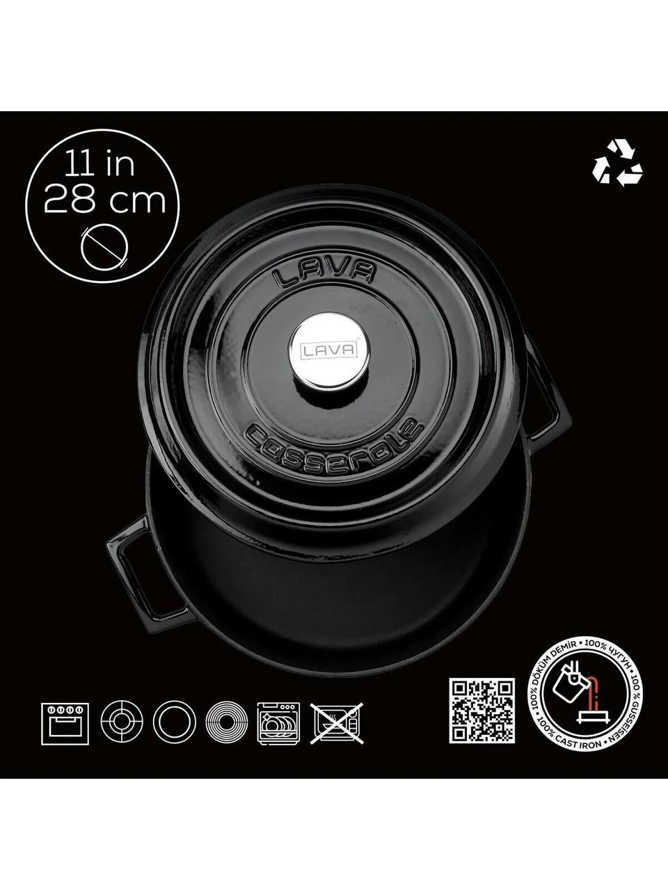 Siyah 28 cm döküm tencere, kapaklı, LAVA logosu, ikonlar ve geri dönüşüm sembolü.