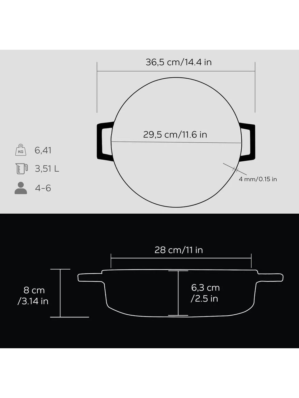 Bir tencerenin teknik çizimi boyutları: 36,5 cm genişlik, 29,5 cm derinlik, 8 cm yükseklik, 6,3 cm derinlik.