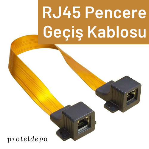İki siyah konektörlü, düz, sarı RJ45 kablosu, beyaz zeminde duruyor.