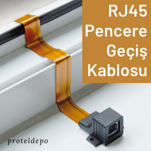 Düz RJ45 pencere kablosu, turuncu, siyah konektörlü ve beyaz çerçeveli.