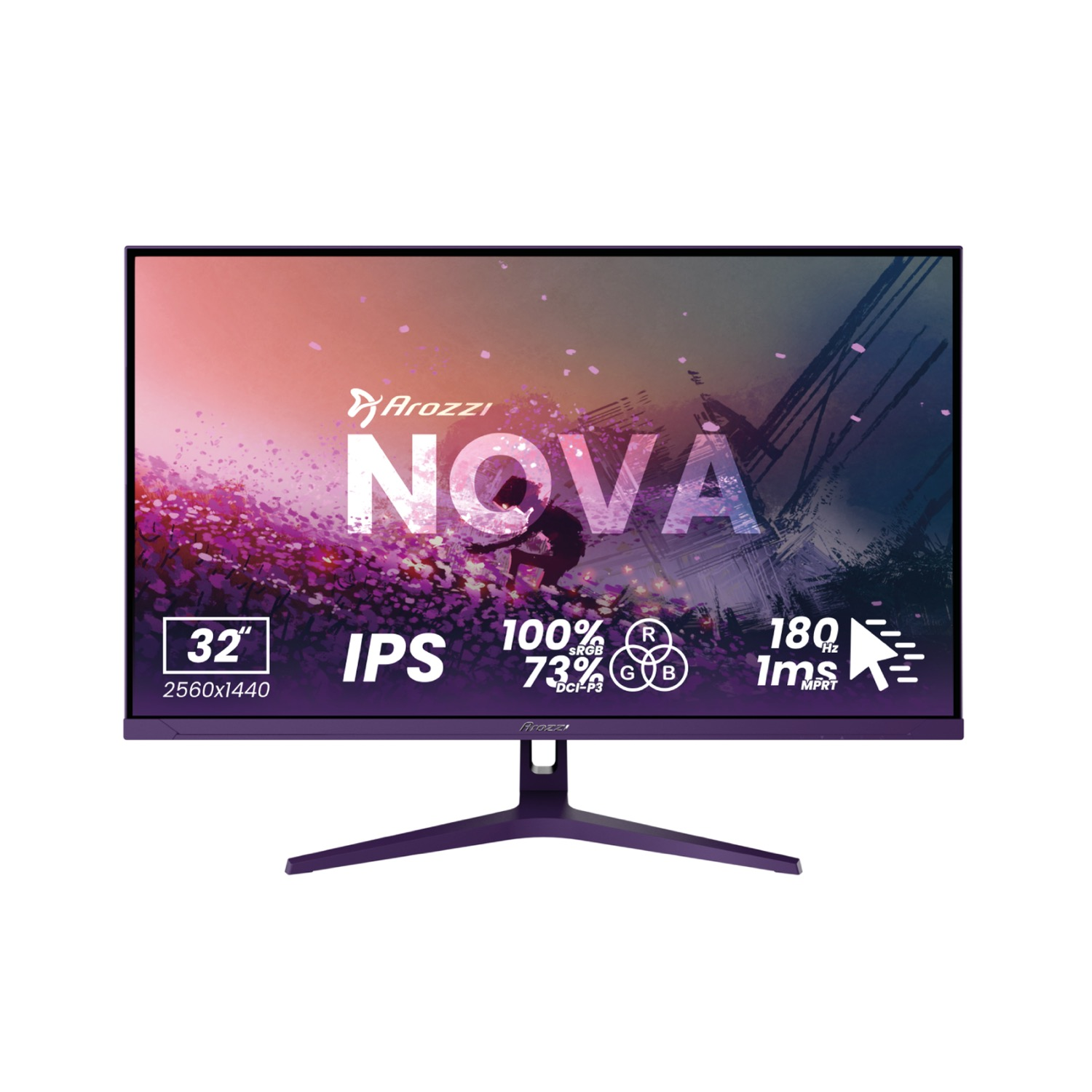 Un monitor da gaming viola da 32 pollici con risoluzione 2560x1440 e 180Hz.