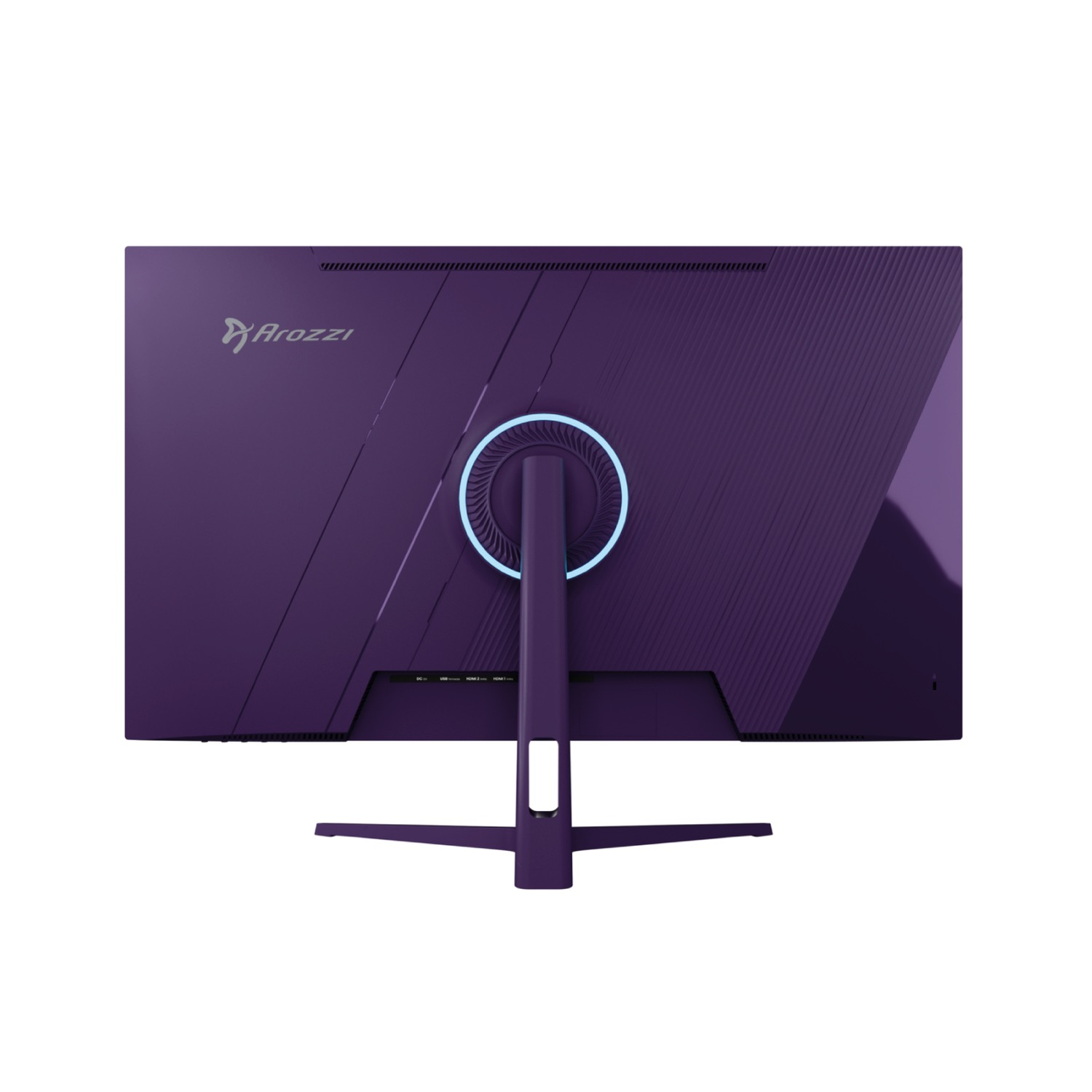 Retro monitor viola con logo Arozzi e cerchio illuminato.