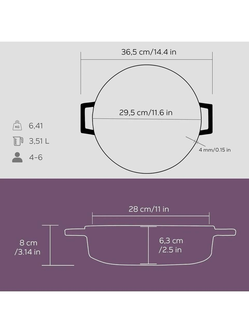 Bir tencerenin teknik ölçüleri: 6,41 kg, 3,51 L, 4-6 kişilik.