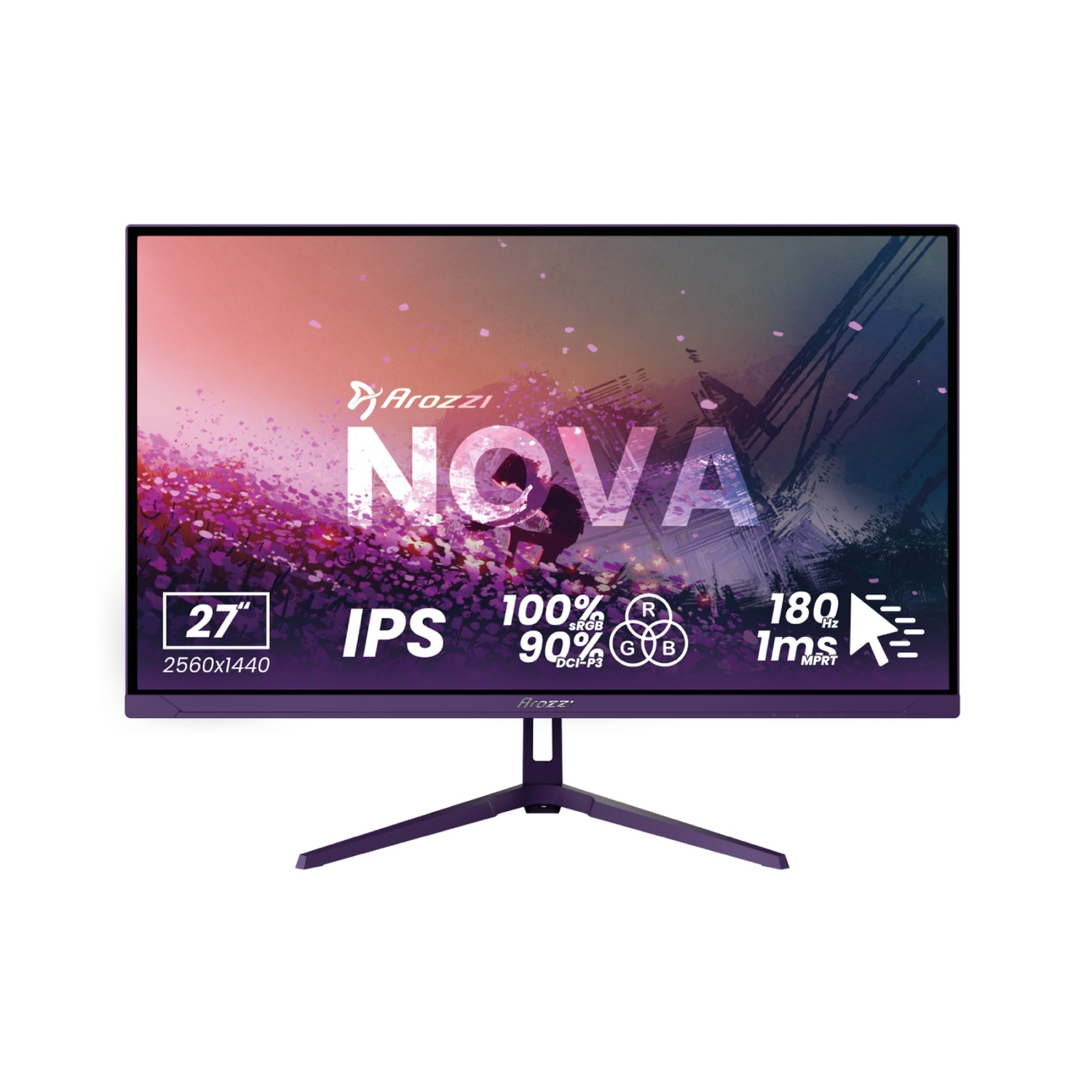 Un monitor gaming Arozzi NOVA viola da 27 pollici con supporto a V.