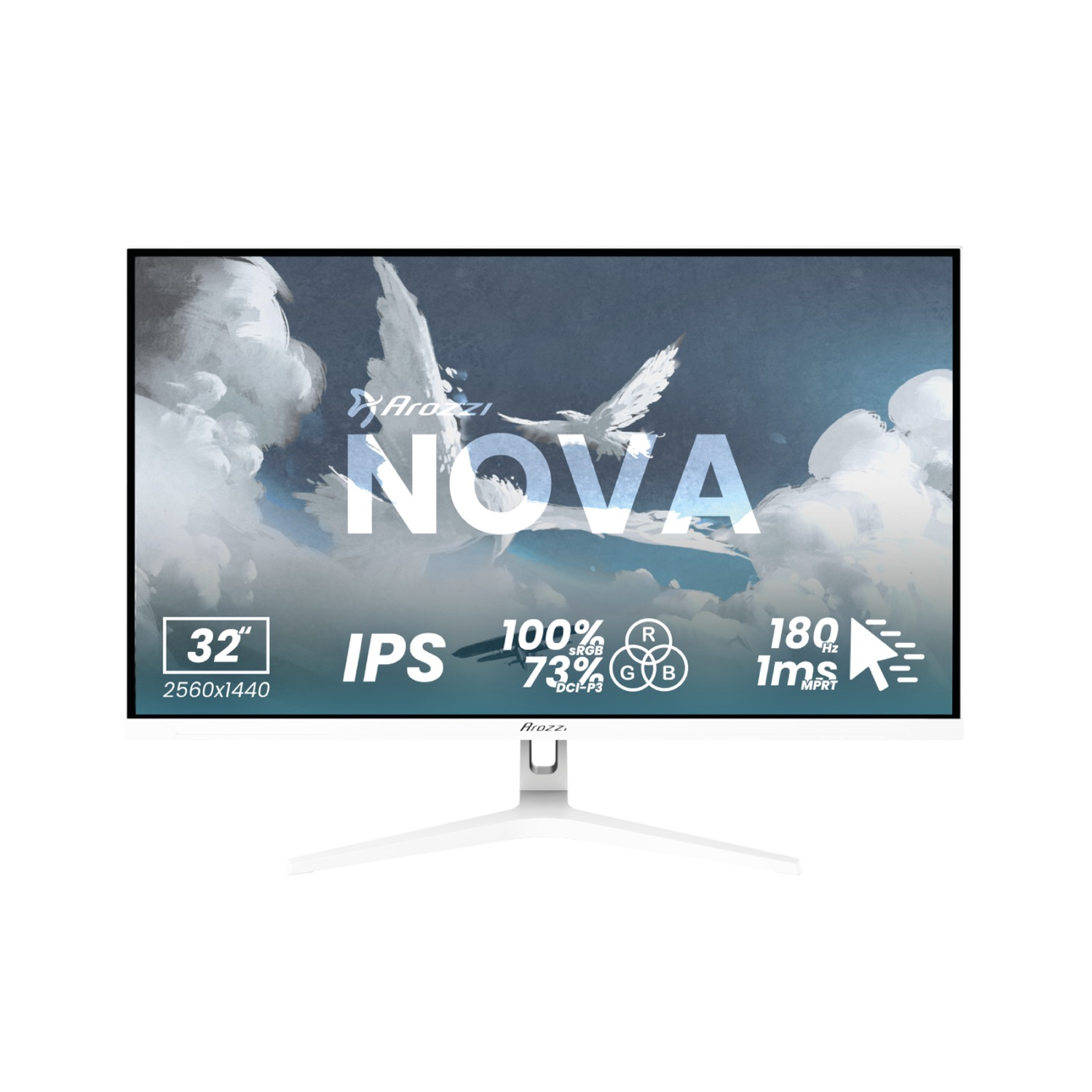 Monitor bianco Arozzi NOVA 32" IPS con risoluzione 2560x1440, 180Hz, 1ms MPRT.