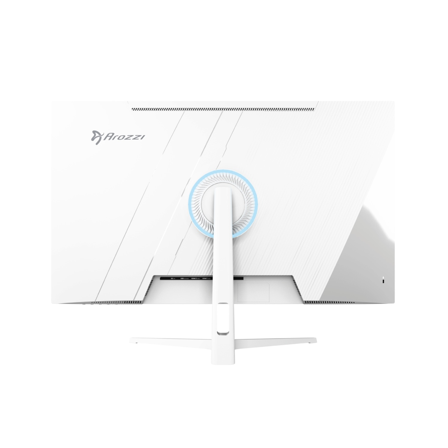 Retro di un monitor bianco con anello ventola illuminato di blu e logo Arozzi.