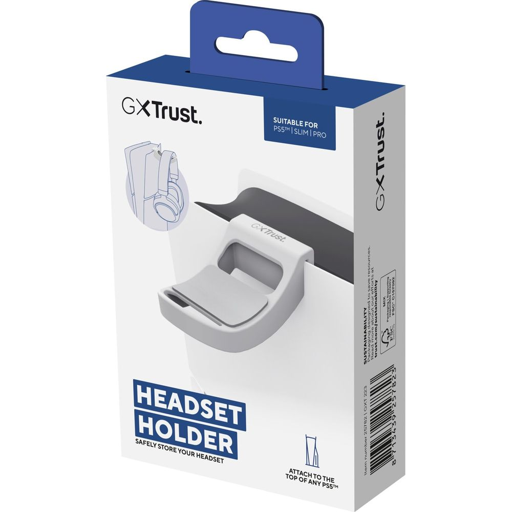 Confezione di un supporto bianco per cuffie PS5, con immagini prodotto e logo.