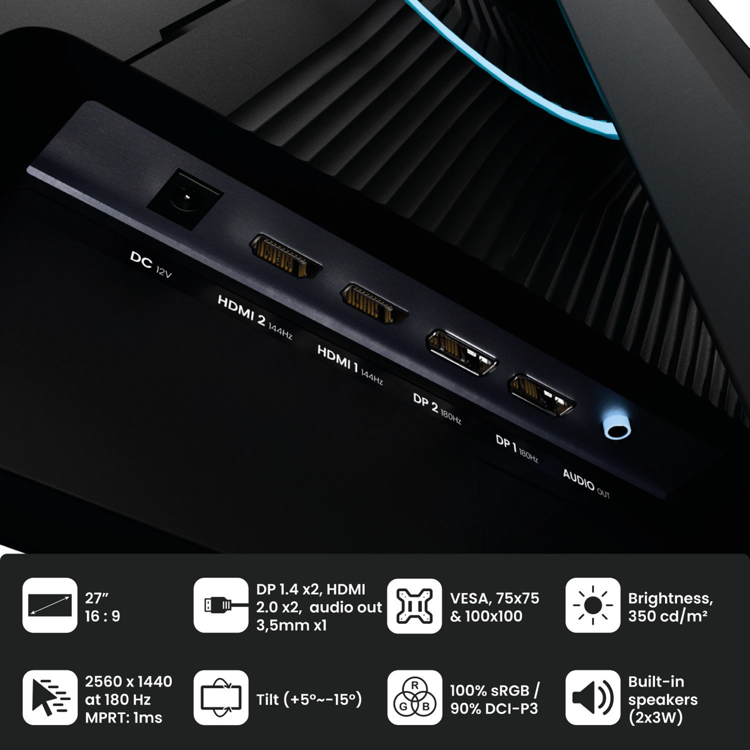 Panel połączeń monitora z portami DC, HDMI, DP i wyjściem audio.