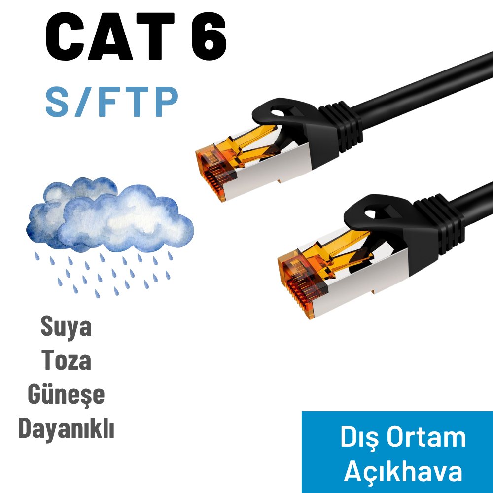 CAT 6 S/FTP kablo, suya, toza, güneşe dayanıklı dış ortam kullanımı.