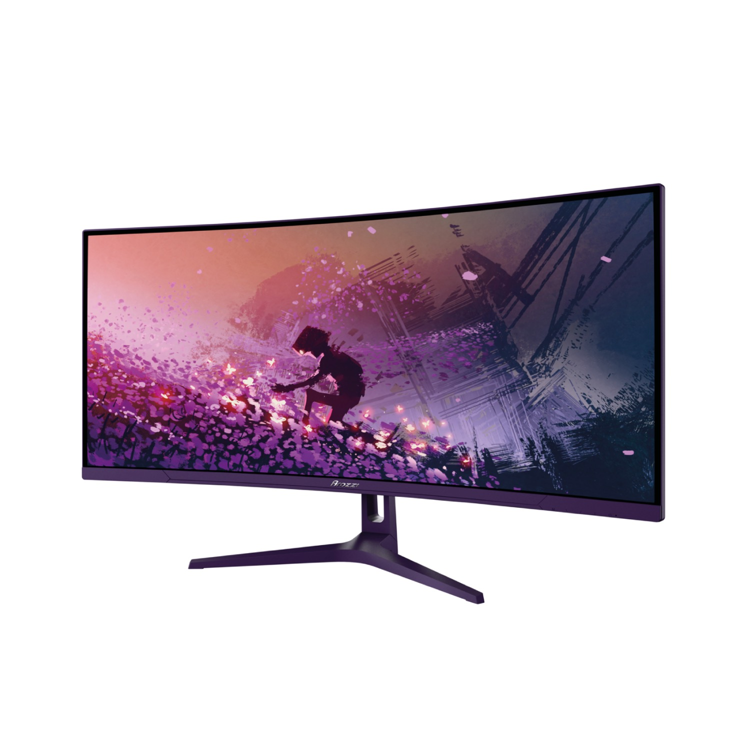 Monitor curvo con scena astratta viola e rosa e una figura in silhouette.