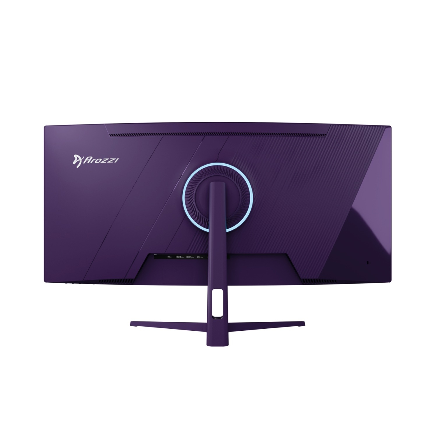 Retro del monitor viola con logo e anello illuminato.