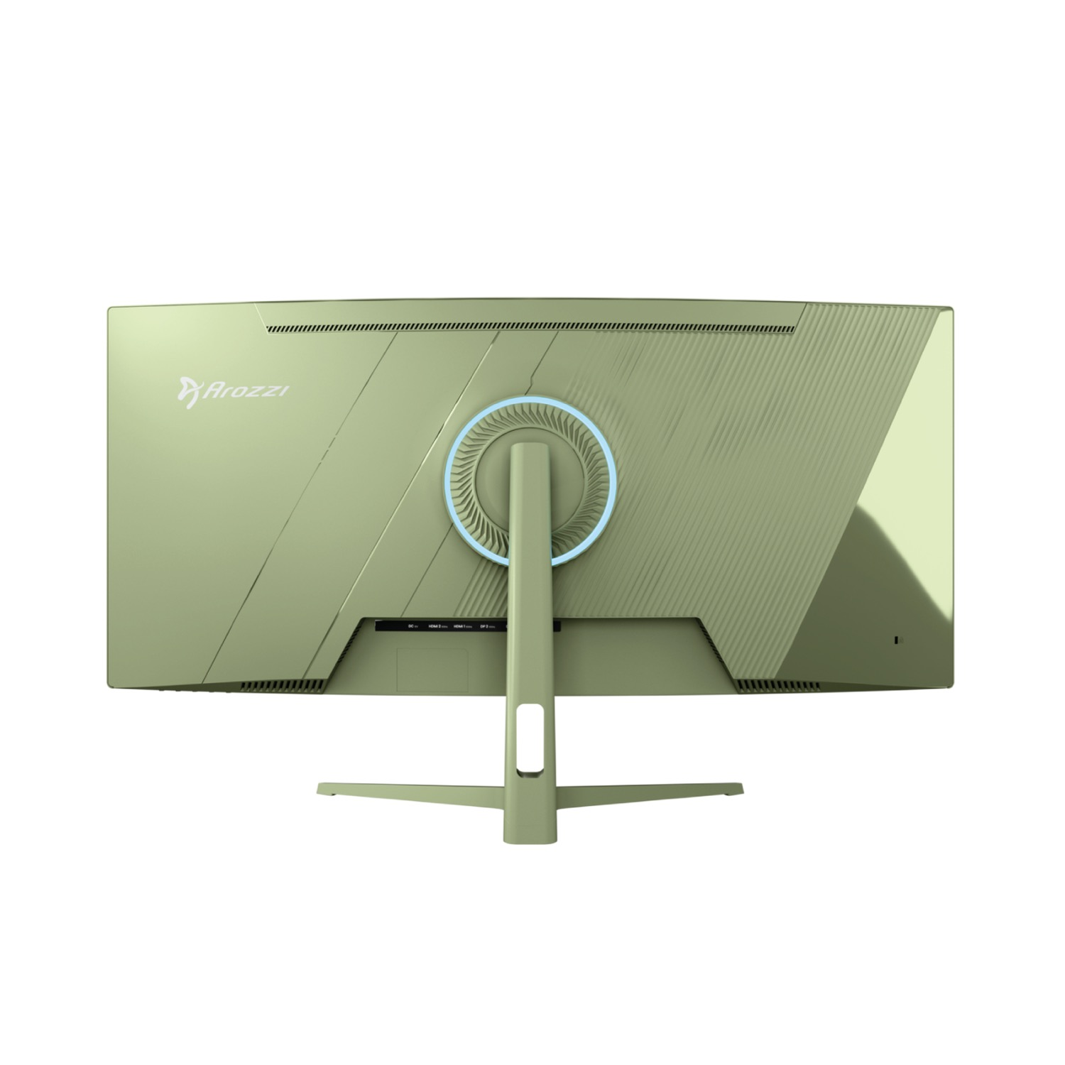 Vista trasera de un monitor verde claro con logo Arozzi y anillo de ventilador iluminado.