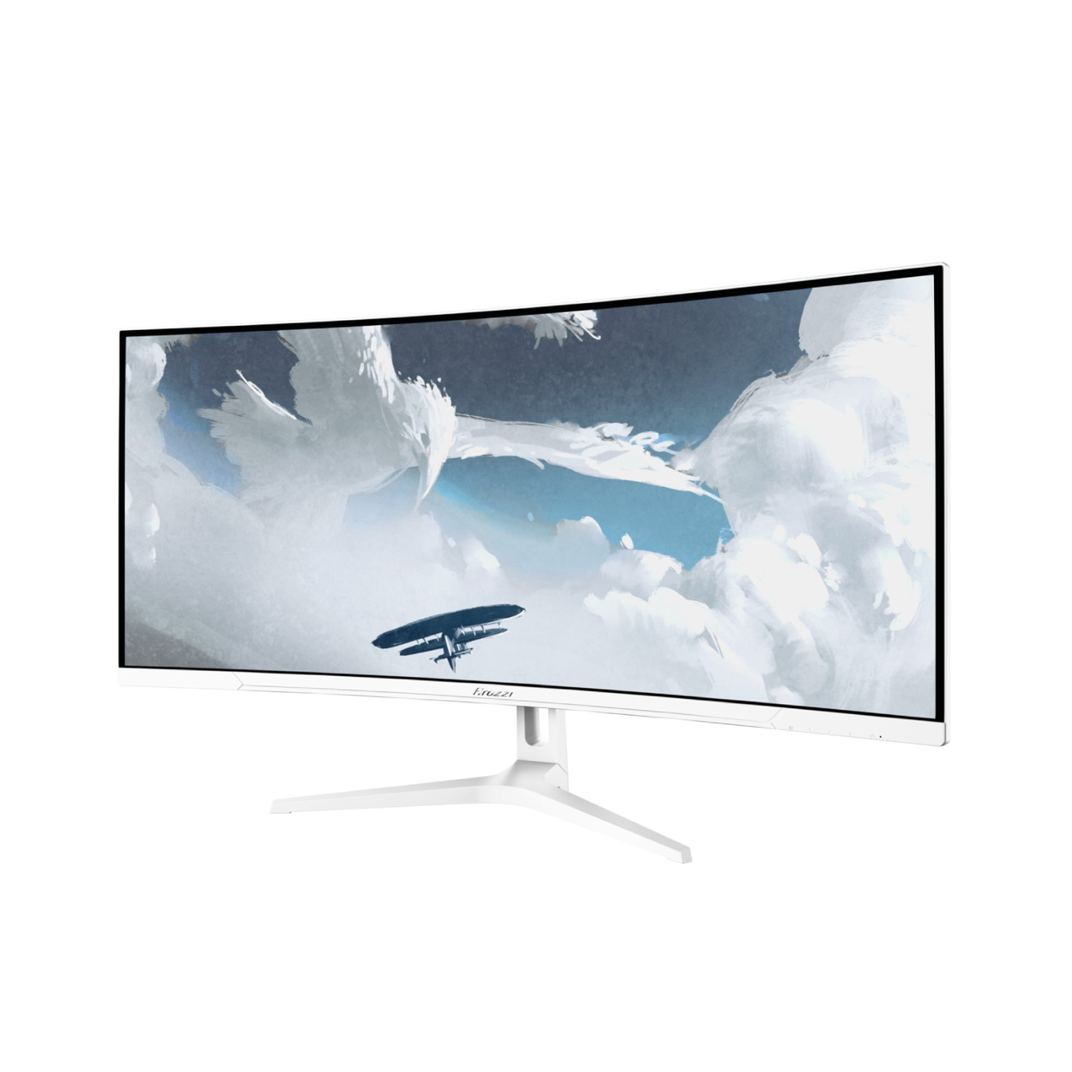Monitor curvo blanco muestra nubes, pájaros y un biplano.