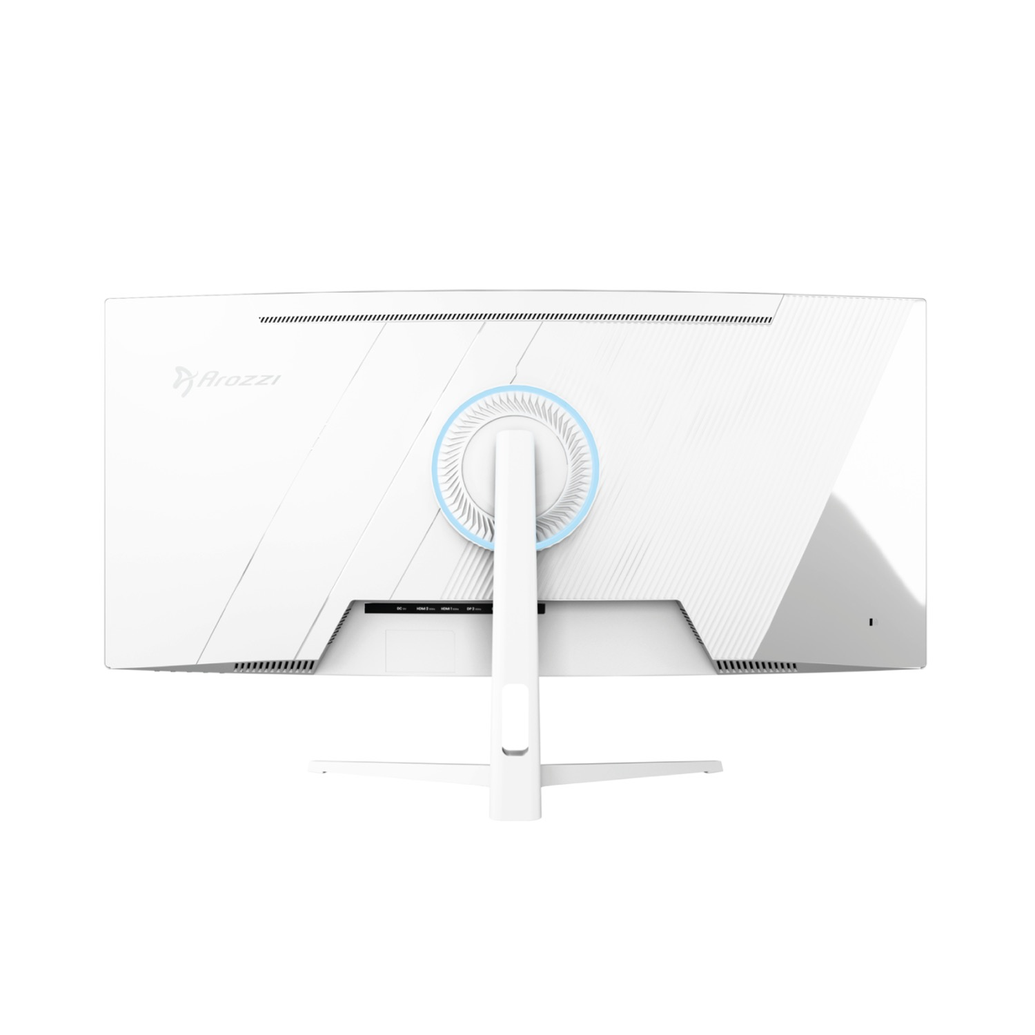 Parte trasera de un monitor blanco con ventilador iluminado en azul y puertos.