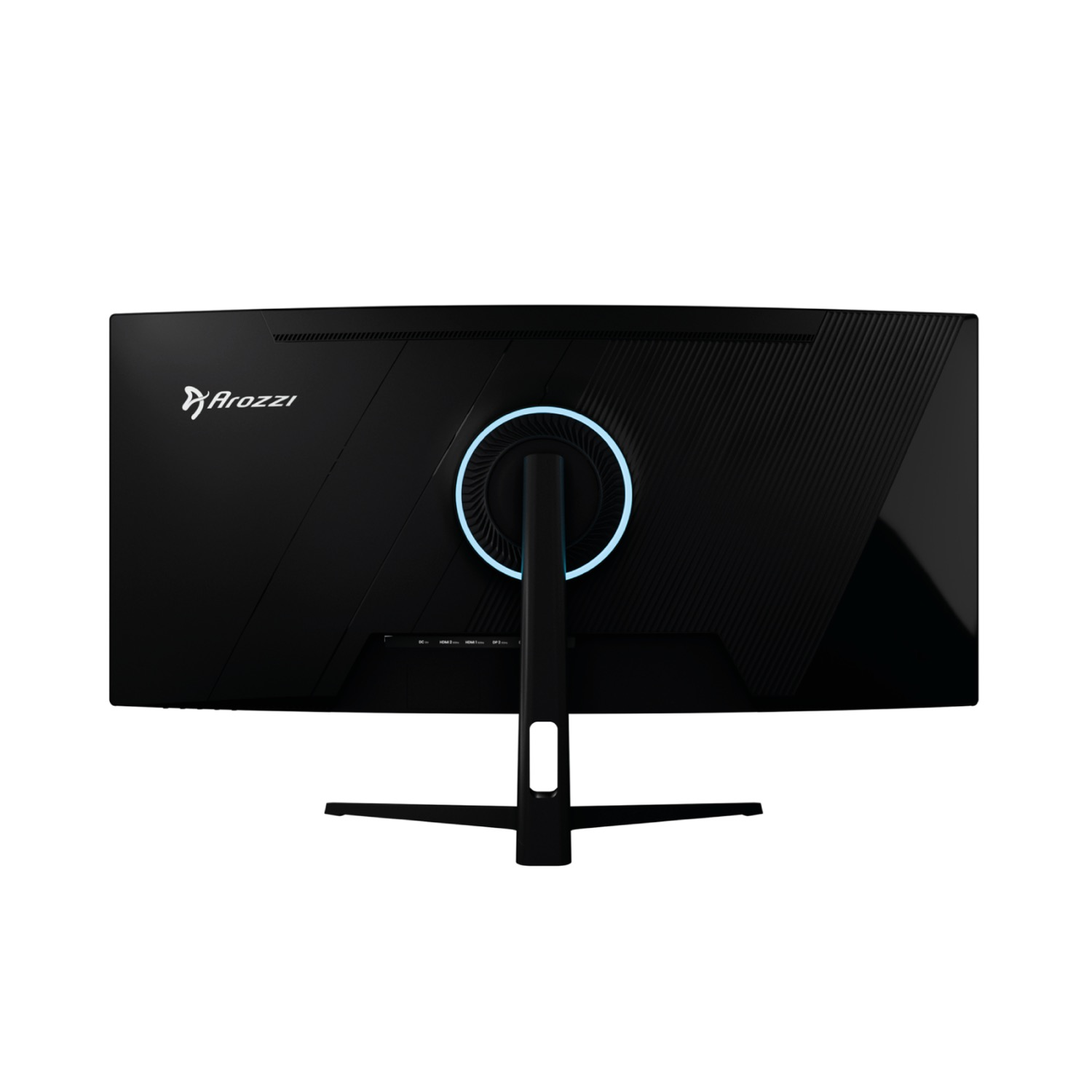 Parte posterior de un monitor negro con logo Arozzi y luz de anillo azul.