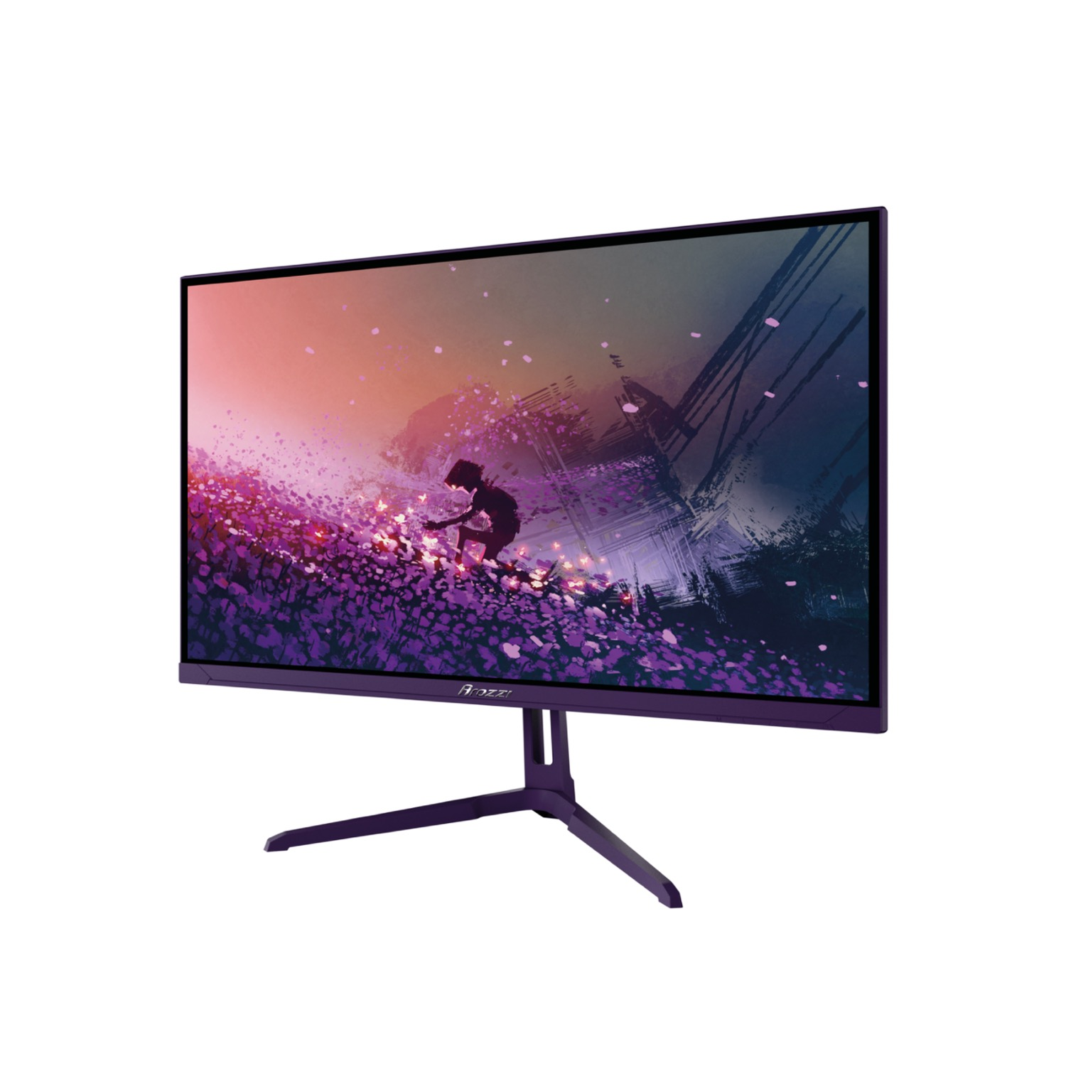 Un monitor de computadora morado muestra una imagen vibrante de una figura en un paisaje floral.