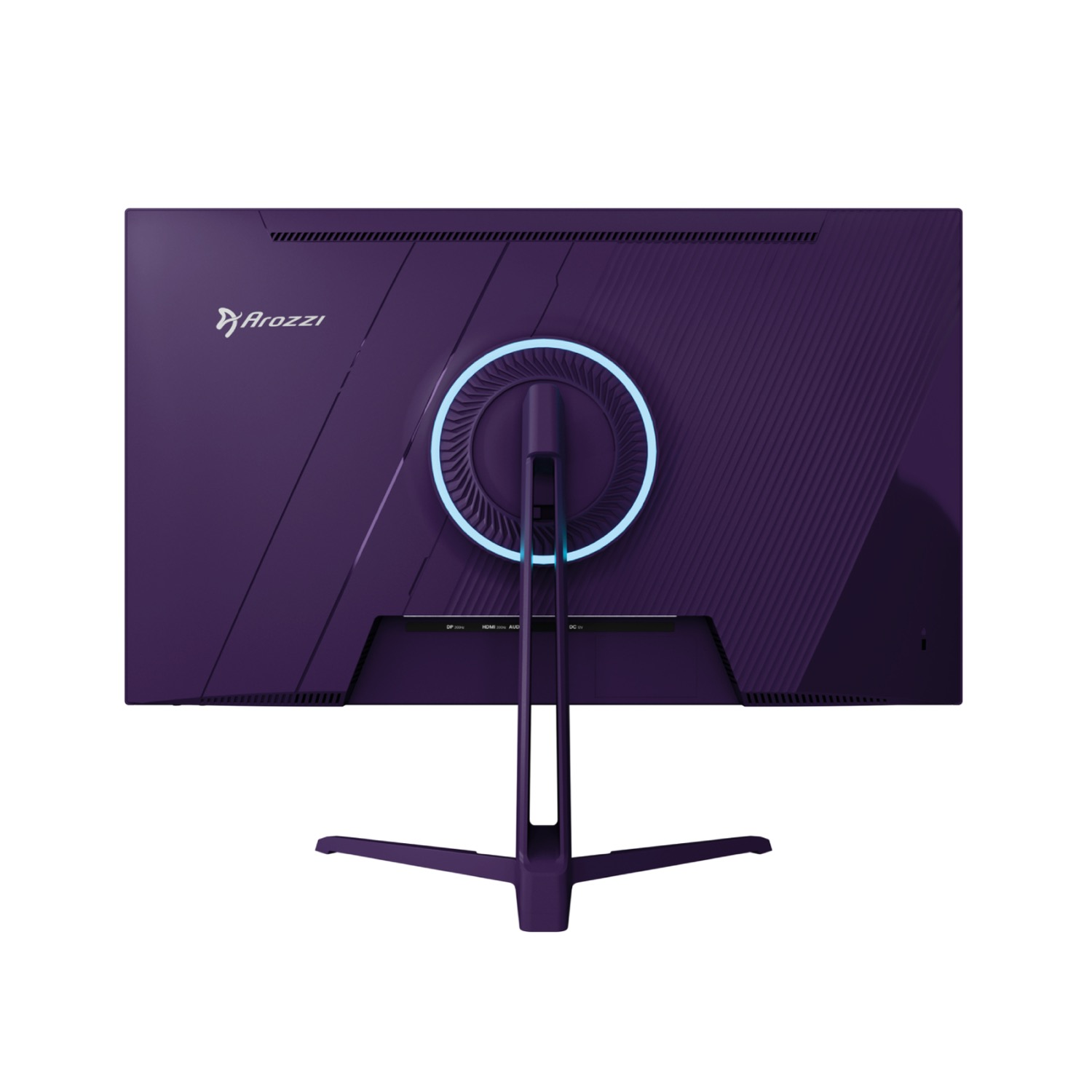 Reverso de monitor morado con logo Arozzi y anillo iluminado.
