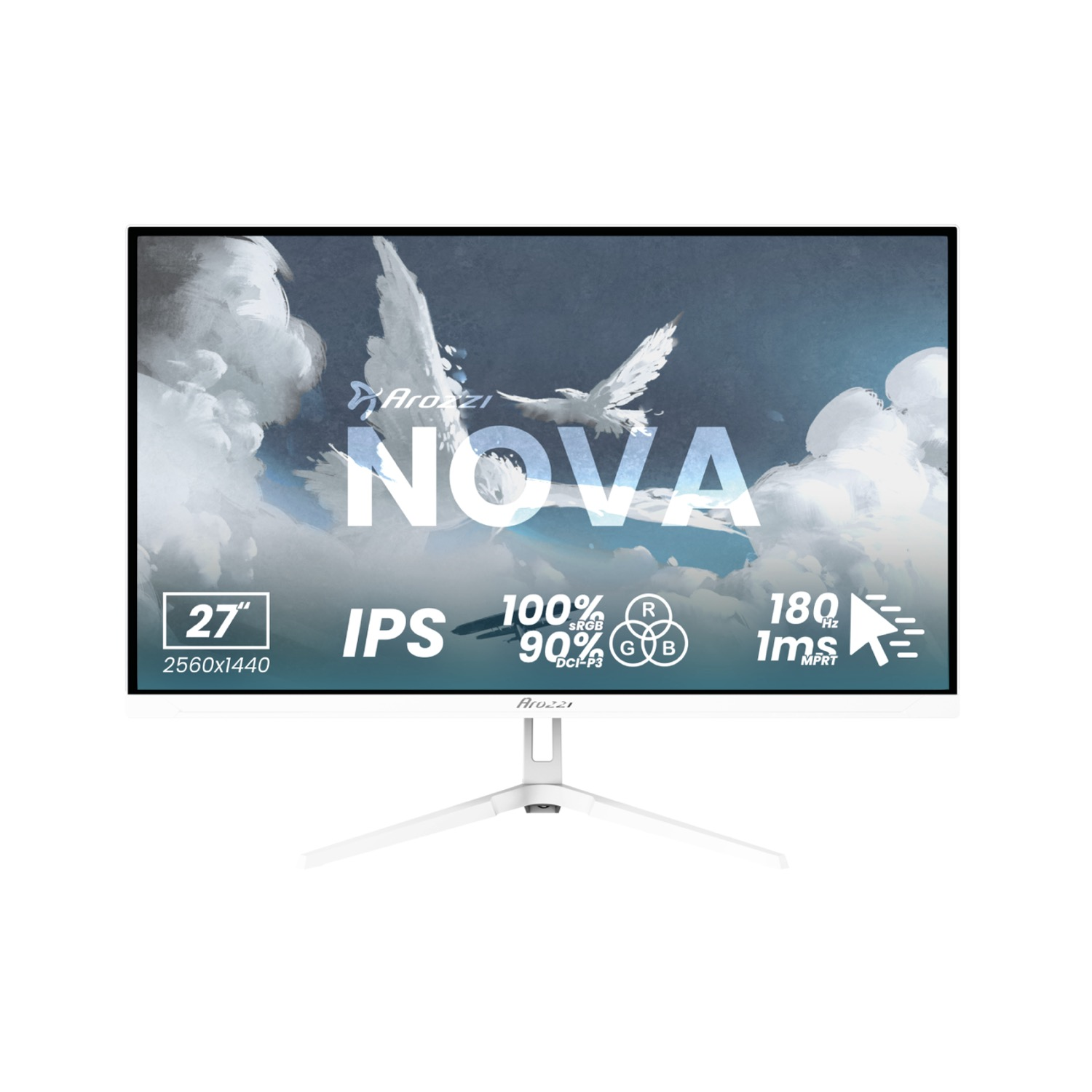 Biały monitor z logo NOVA i dwoma latającymi ptakami.
