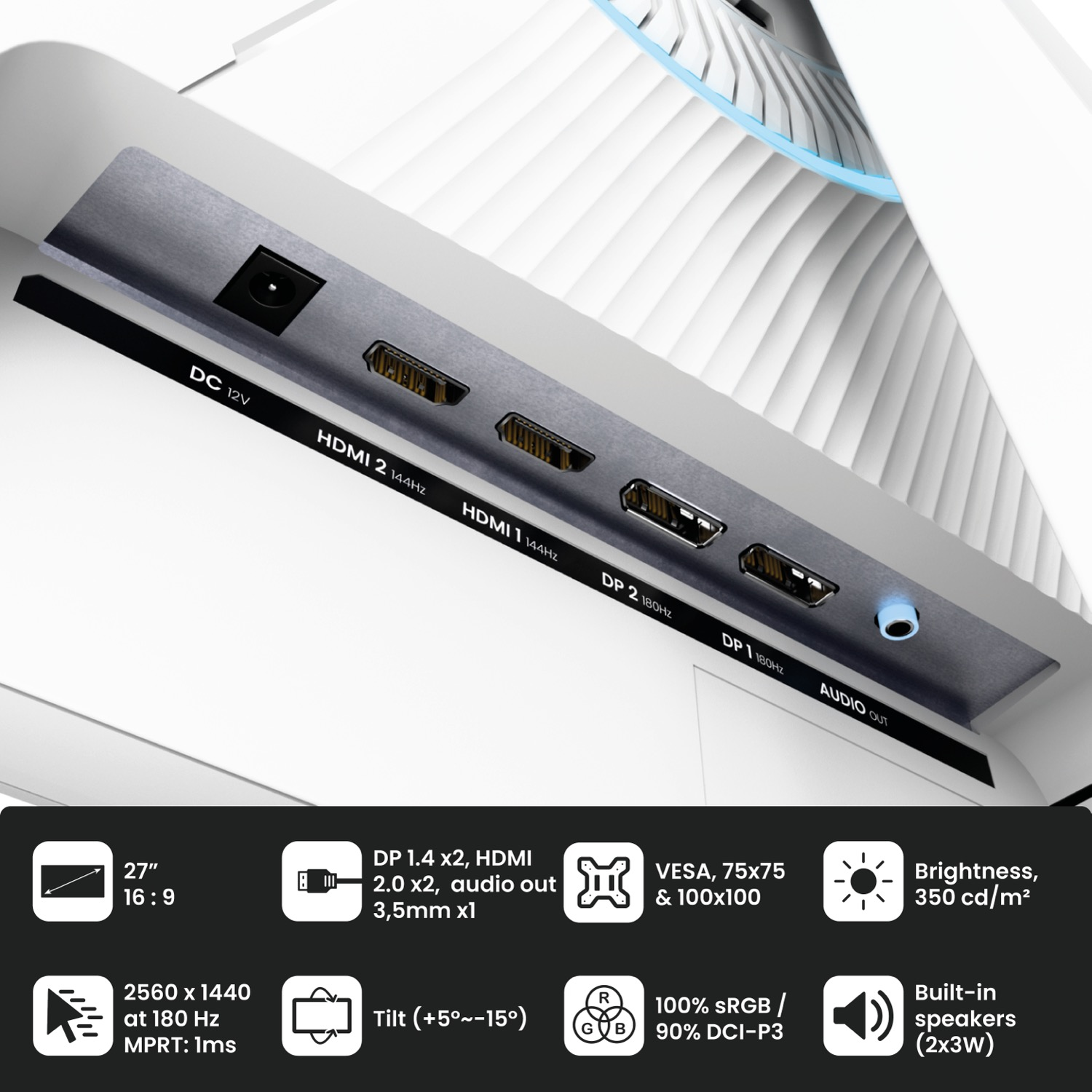 Panel portów monitora: DC, HDMI, DP i wyjście audio. Specyfikacje ekranu.