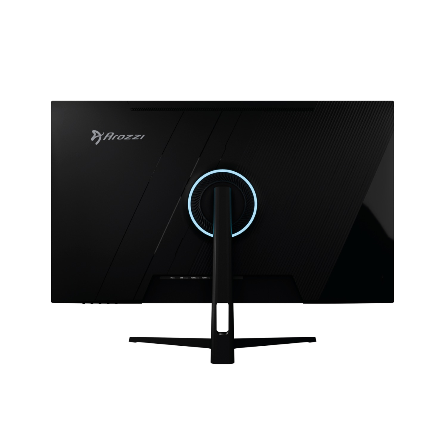 Retro di un monitor Arozzi nero con anello luminoso blu e supporto.