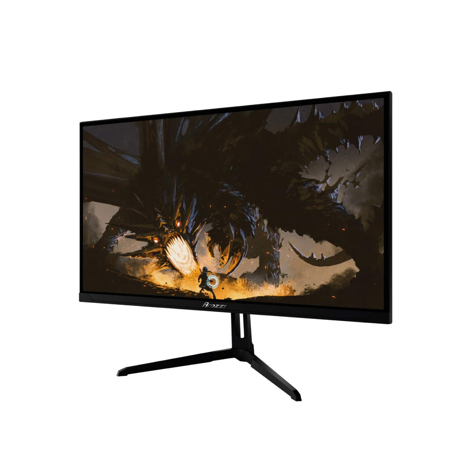Un monitor gamer muestra una pelea de dragones. Un guerrero lucha contra un dragón.