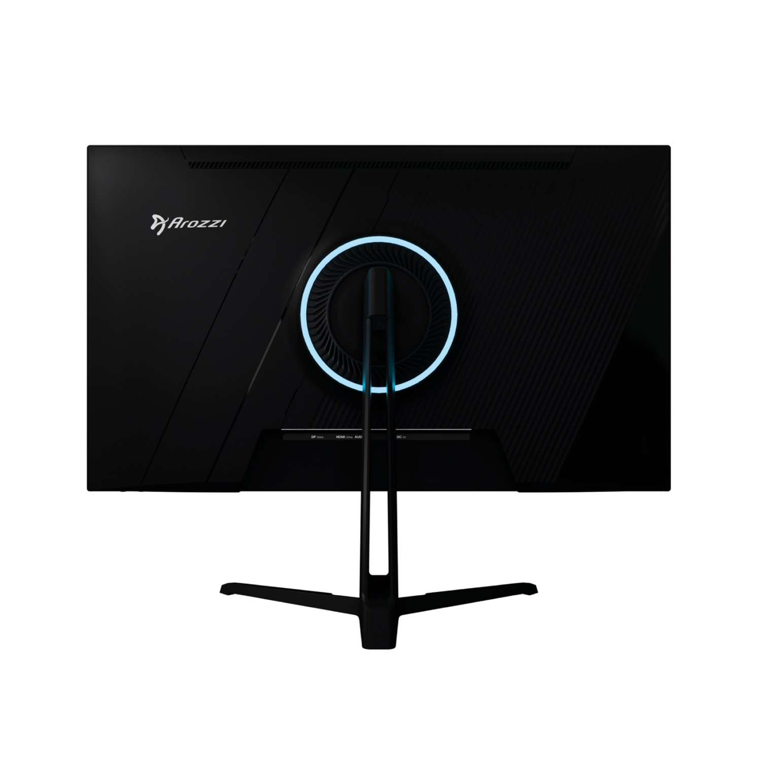 Parte trasera de un monitor negro con logo Arozzi y anillo de luz azul.