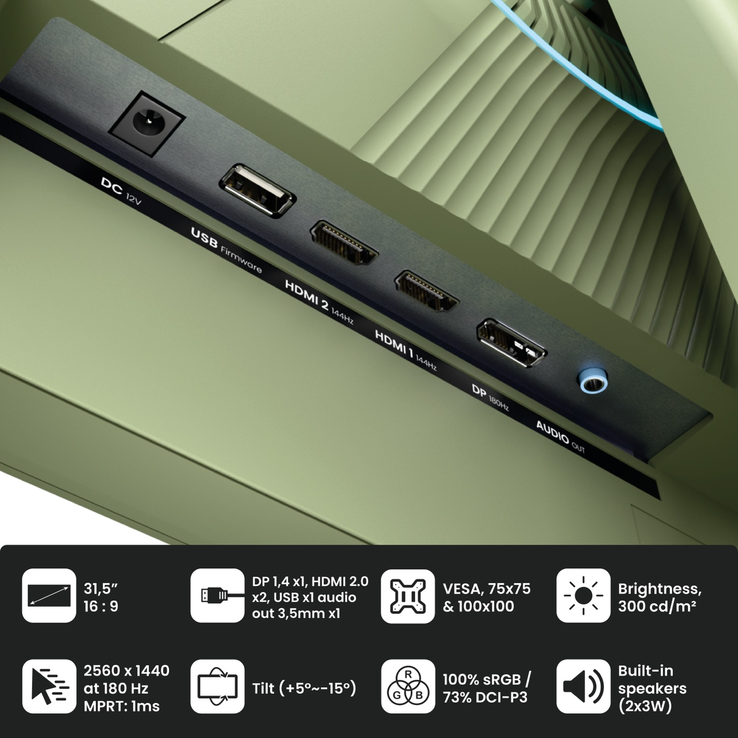 Porty monitora: DC 12V, USB, HDMI 2 i 1, DP, Wyjście audio. Spec.: 31,5", 16:9, QHD, 180Hz, 1ms.