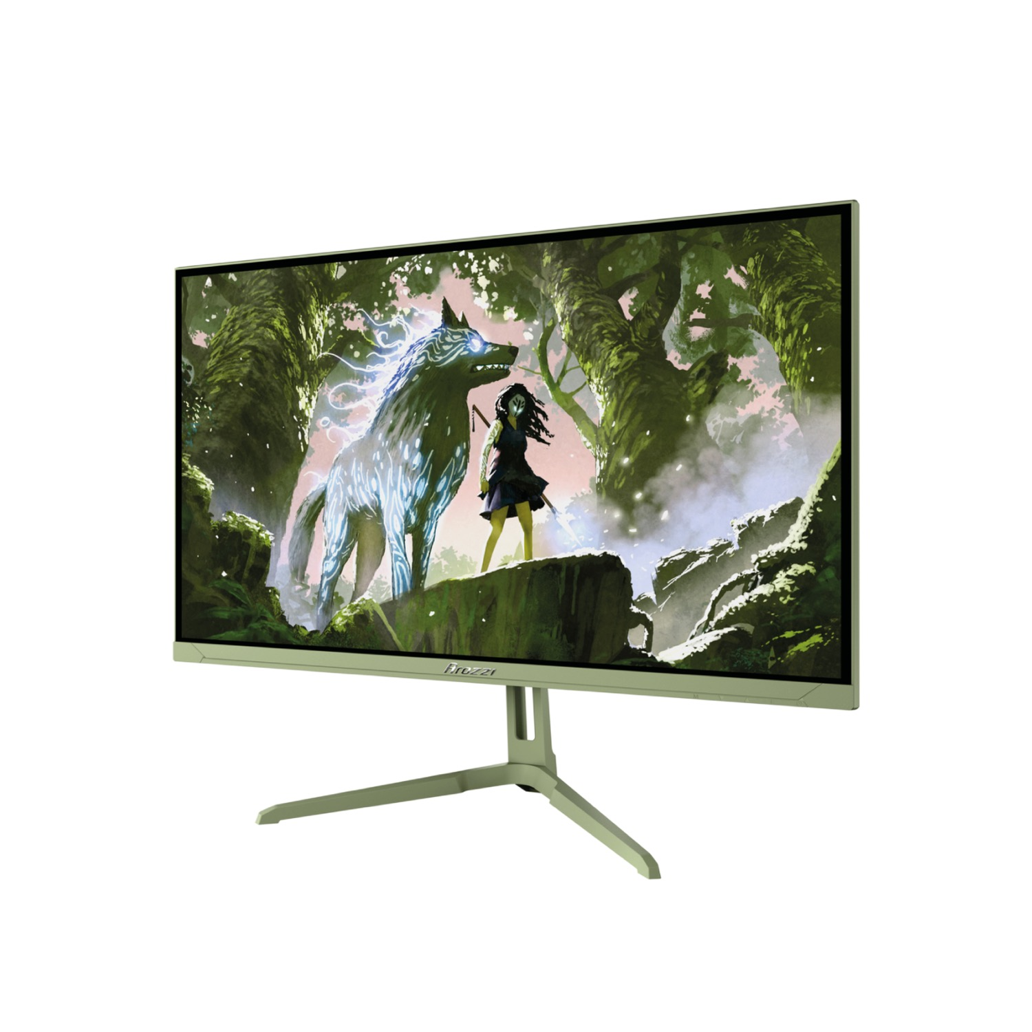 Un monitor que muestra una escena de fantasía: un lobo espiritual y una joven en un bosque.