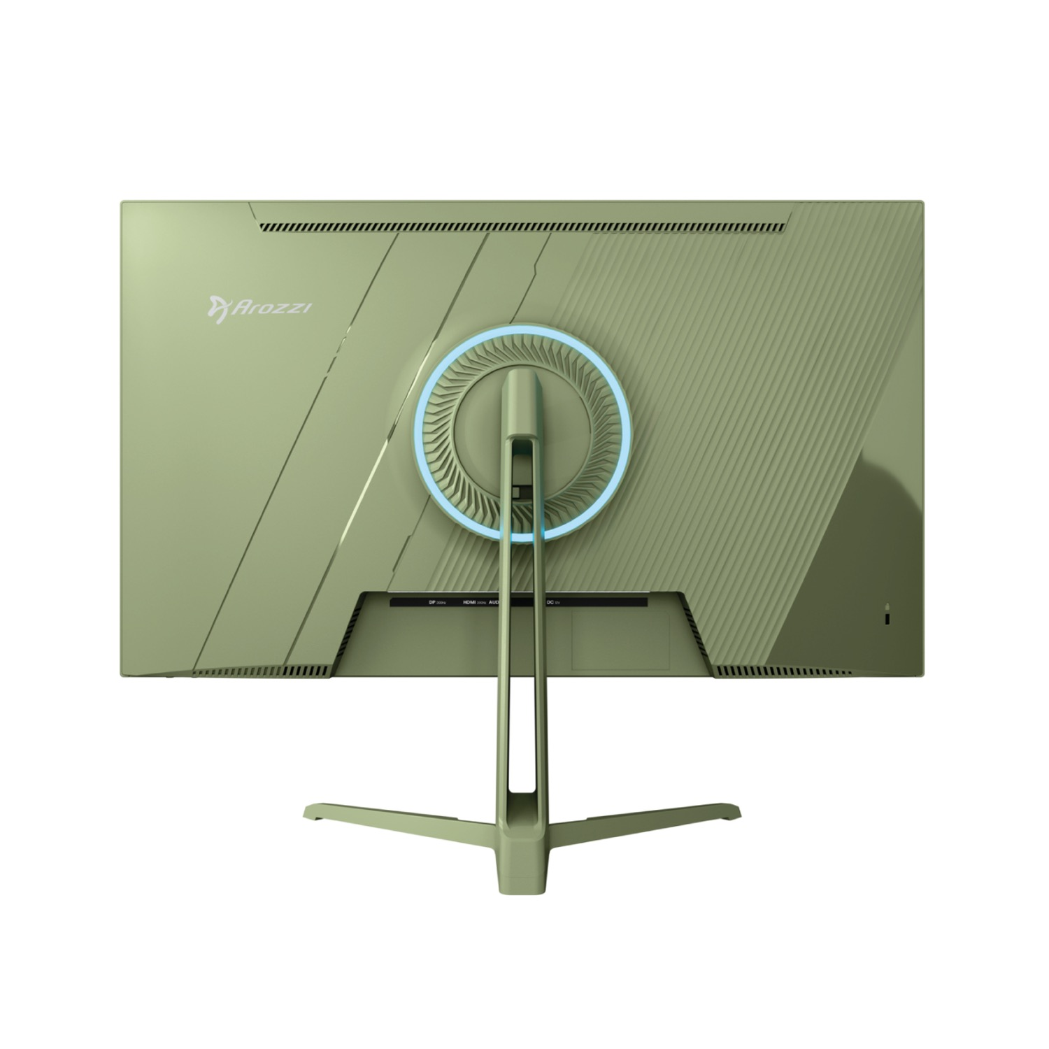 Parte trasera de un monitor verde claro con ventilador circular y luz azul.