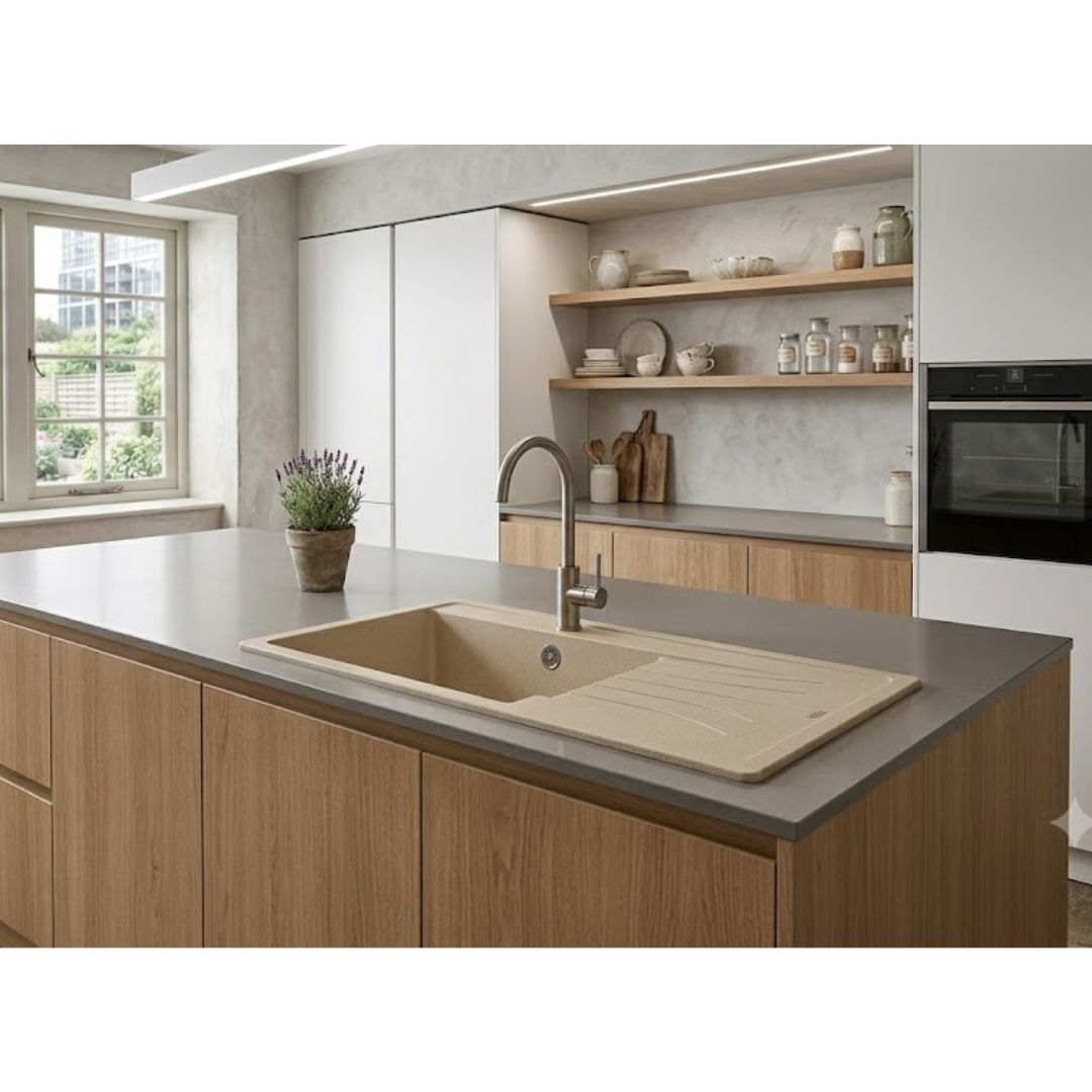 Cucina moderna con isola lavello, elementi in legno e finestra grande.