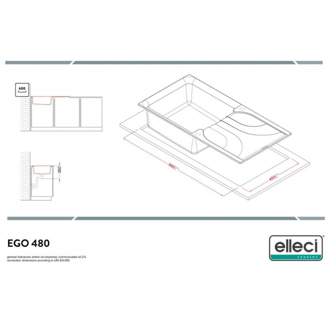 Disegno tecnico di un lavello con dimensioni. Sinistra: viste dall'alto e laterali. Destra: vista 3D con misure.