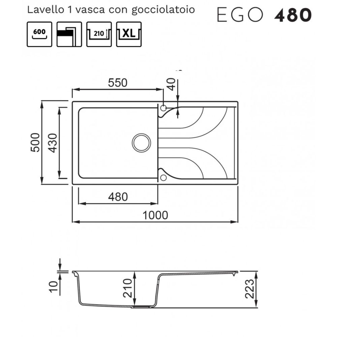 Disegno tecnico di lavello con gocciolatoio, dimensioni in mm.