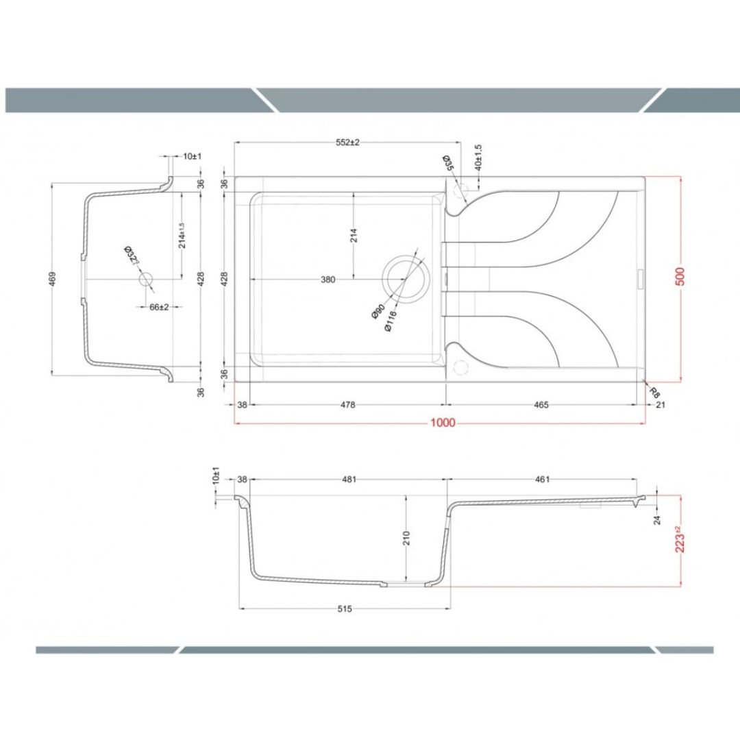 Disegno tecnico di un lavello con dimensioni e viste.