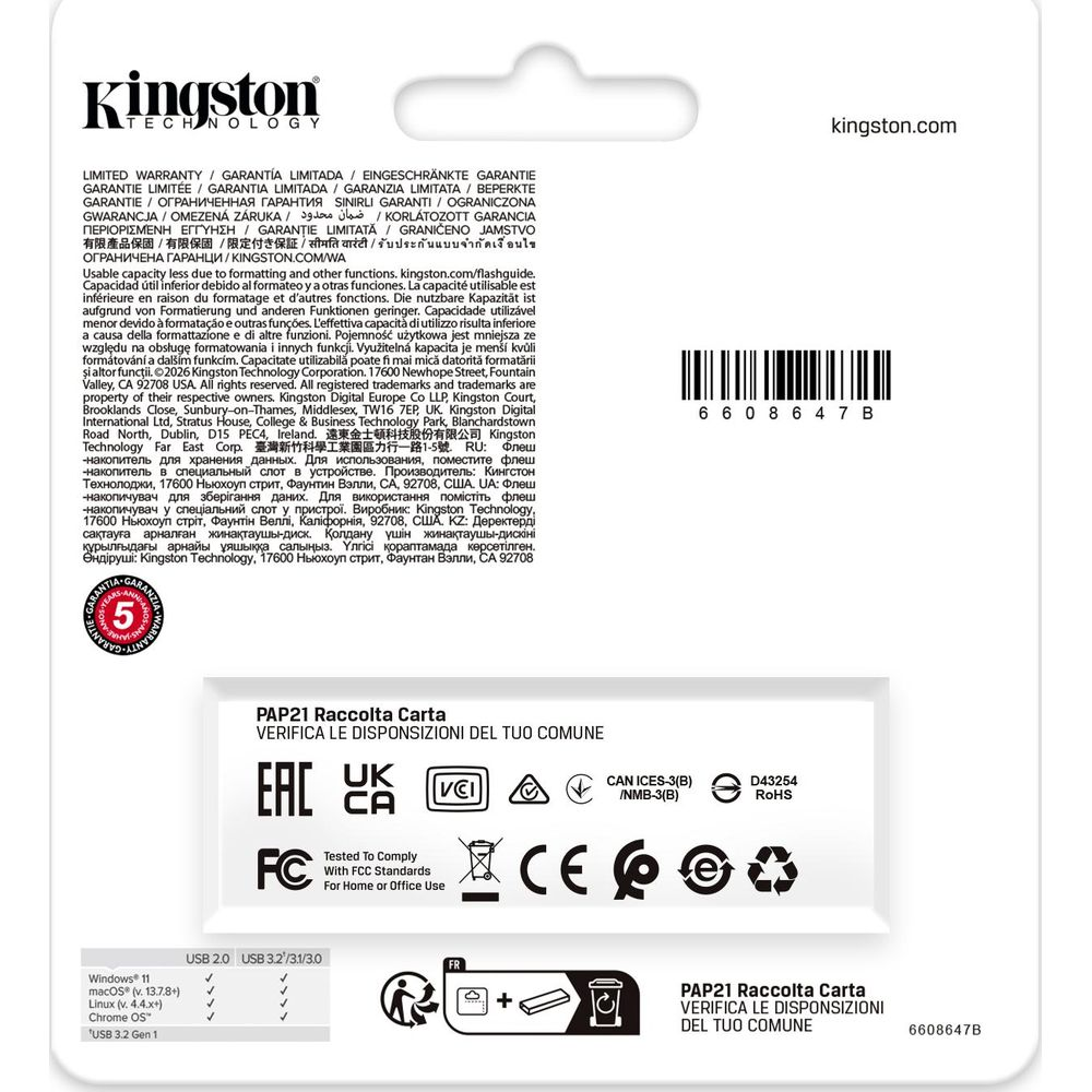 Logo Kingston, informacje o gwarancji, kody produktów i lista zgodności.